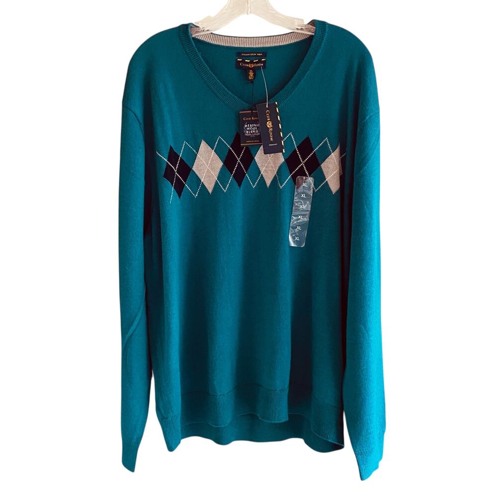 New Men's Club Room V-Neck Sweater XL Argyle Classic Golf Preppy Merino Wool